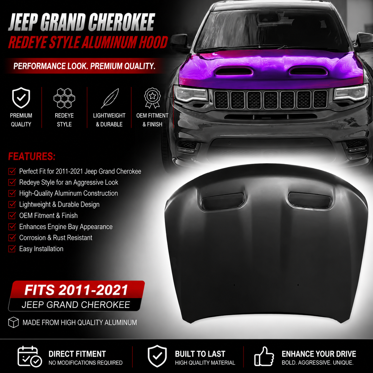 Jeep Grand Cherokee Redeye Style Aluminum Hood Fits 2011-2021