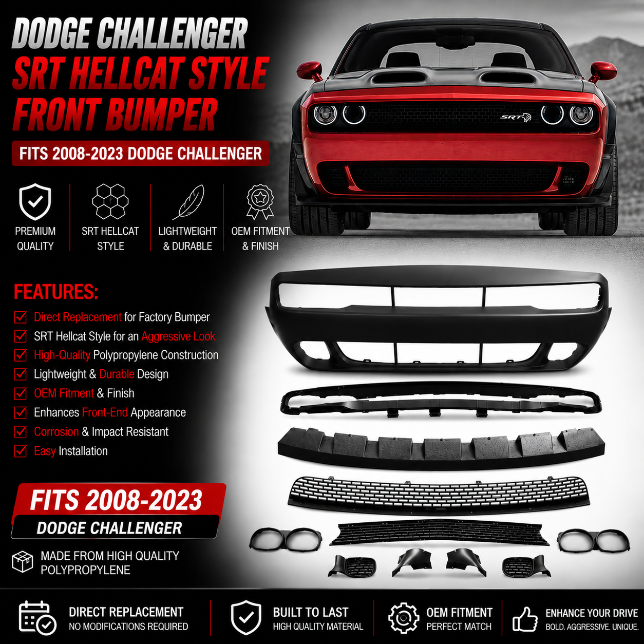 Dodge Challenger SRT Hellcat Style Front Bumper Fits 2008-2023