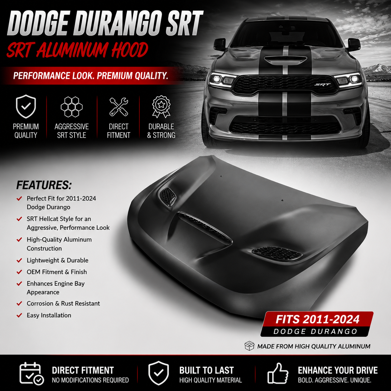 Dodge Durango SRT Hellcat Style Aluminum Hood 2011-2024