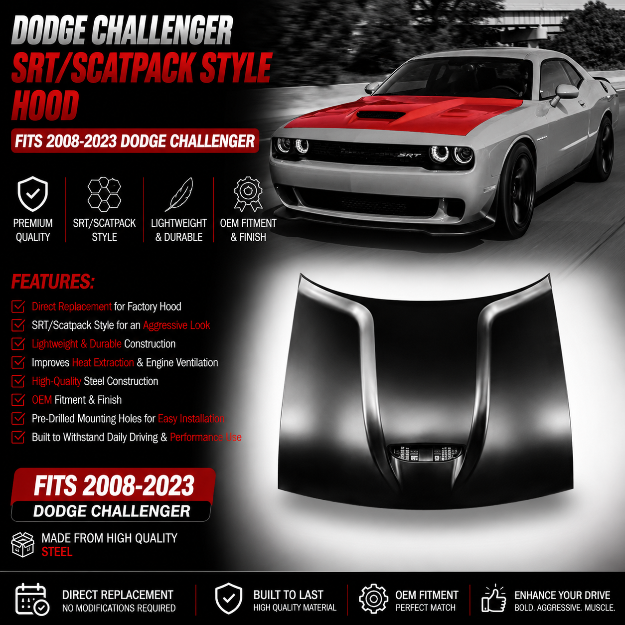 Dodge Challenger SRT/Scatpack Style Aluminum Hood Fits 2008-2023