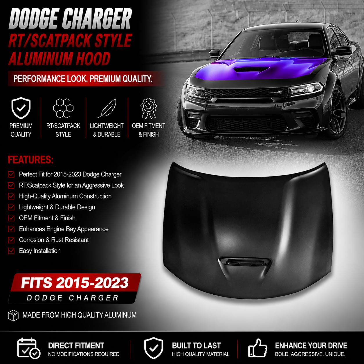 Dodge Charger RT/Scatpack Style Aluminum Hood 2015-2023