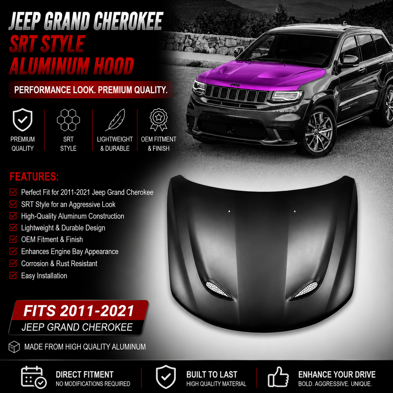 Jeep Grand Cherokee SRT Style Aluminum Hood Fits 2011-2021